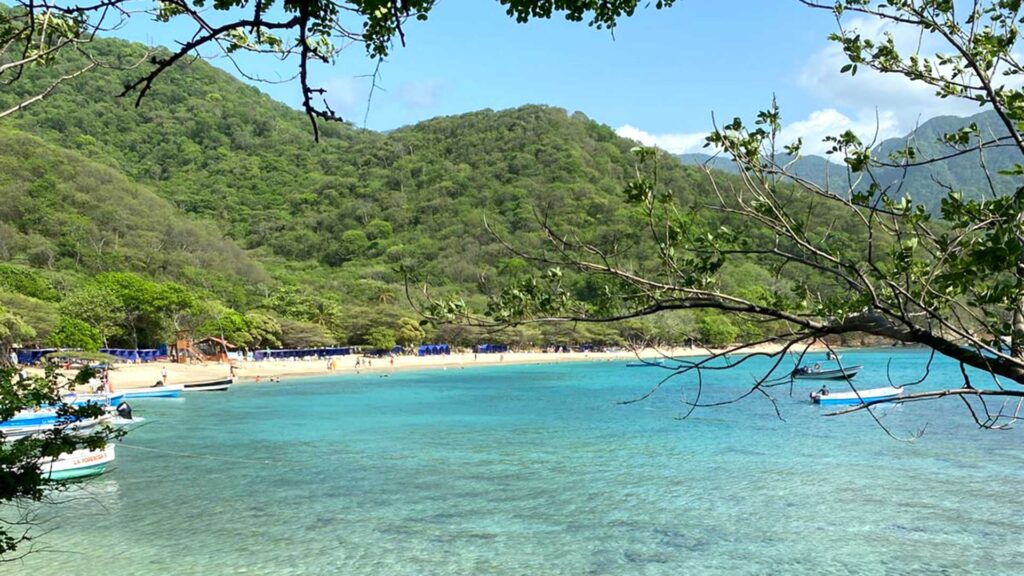 Panoramic view of Playa Cristal in Tayrona National Park, Colombia, with turquoise water, a white sandy beach, lush green mountains, and boats framed by green leaves.